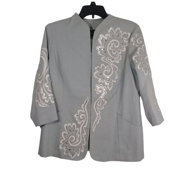 Bob Mackie Wearable art  Gray Cotton Jacket White Embroidered Rhinestone… - Picture 1 of 6